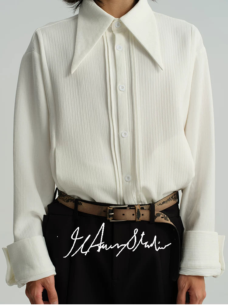 Sharp Collared Striped Pleated Shirt