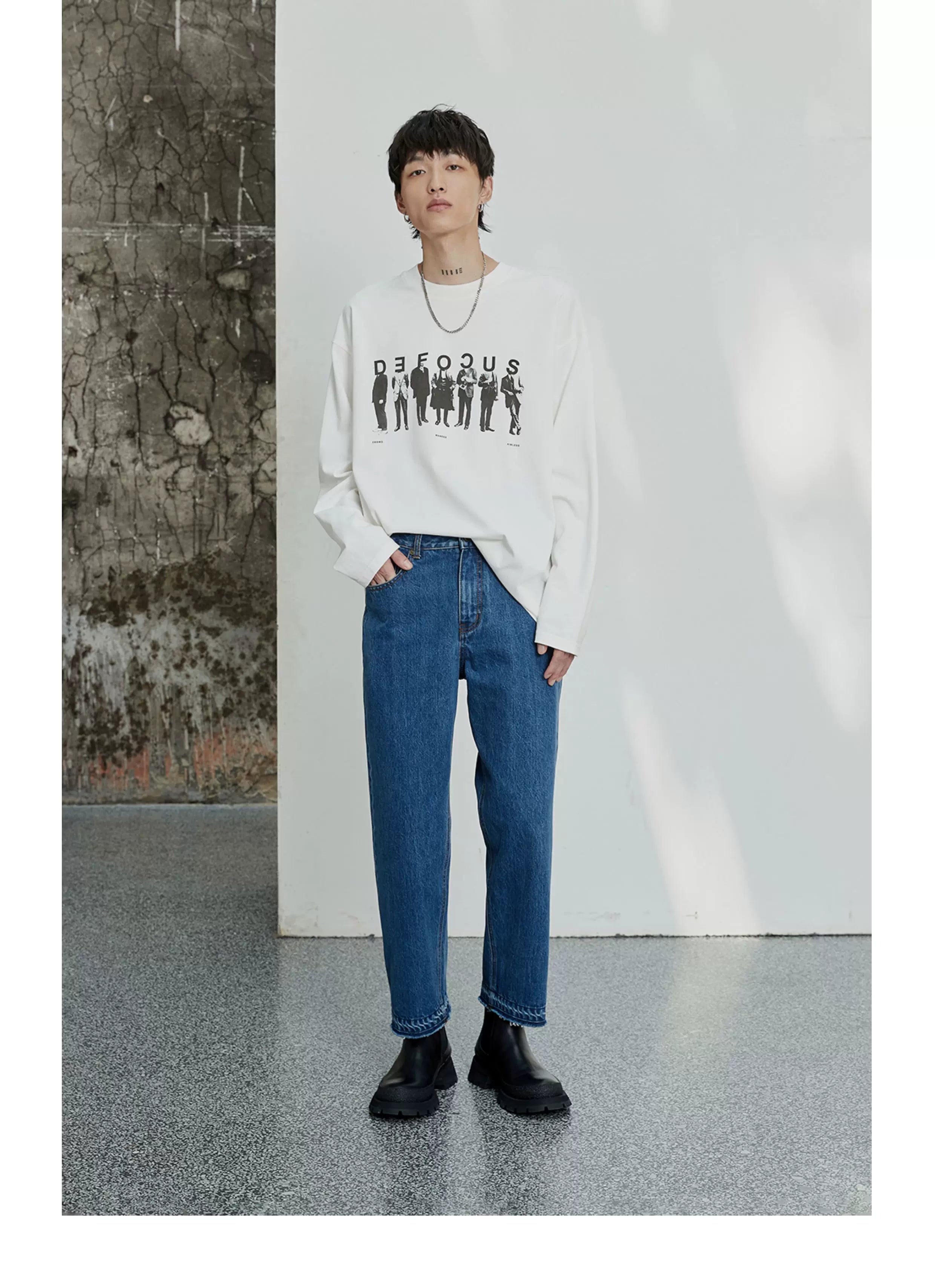 Vintage Washed Distressed Straight Cropped Jeans