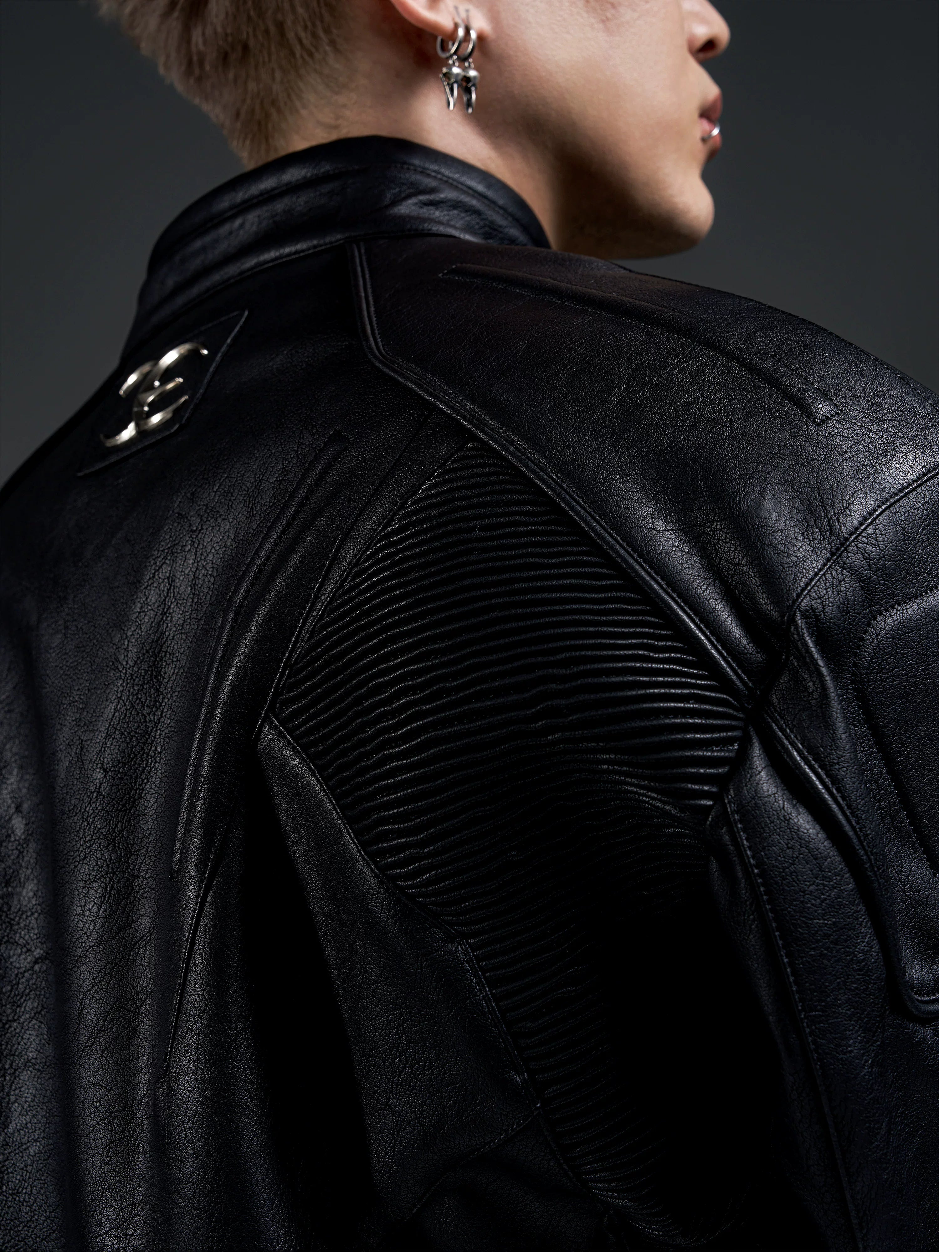 Dark Zip-Up Padded Biker Leather Jacket