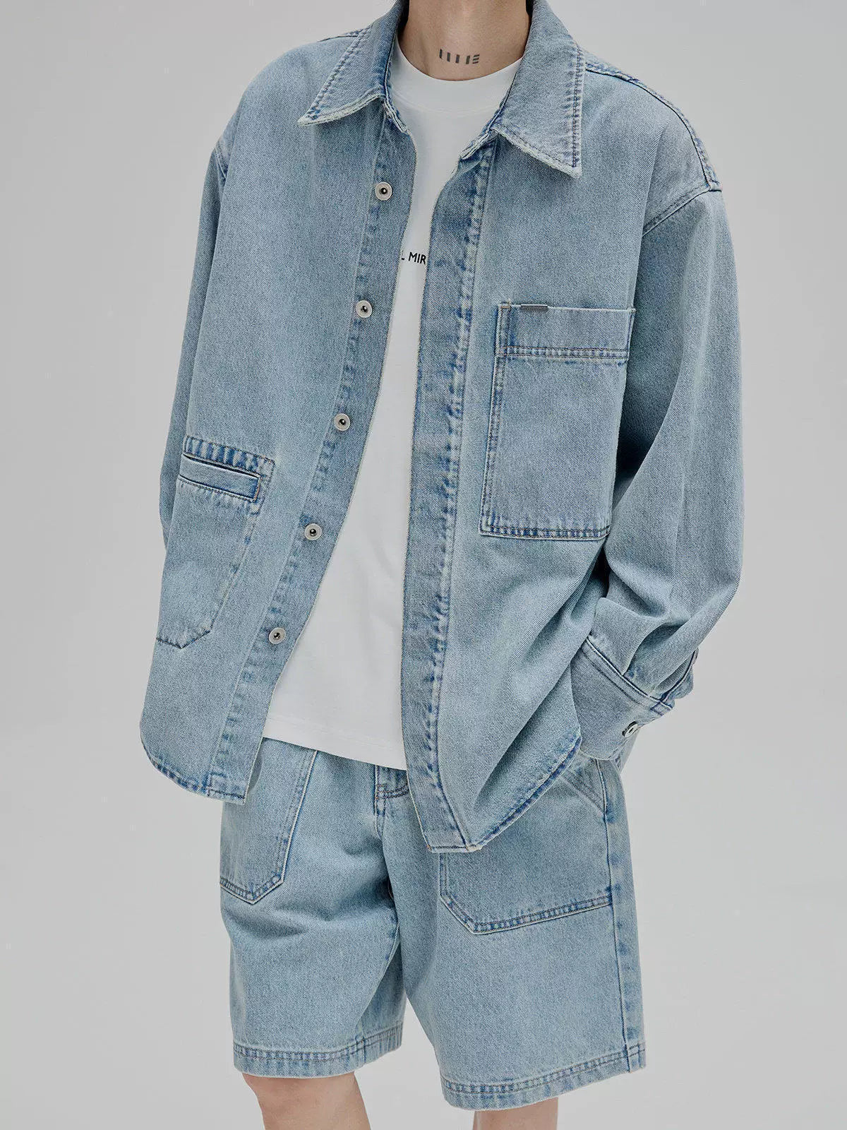 14Oz Washed Denim Asymmetric-Pocket Shirt Jacket