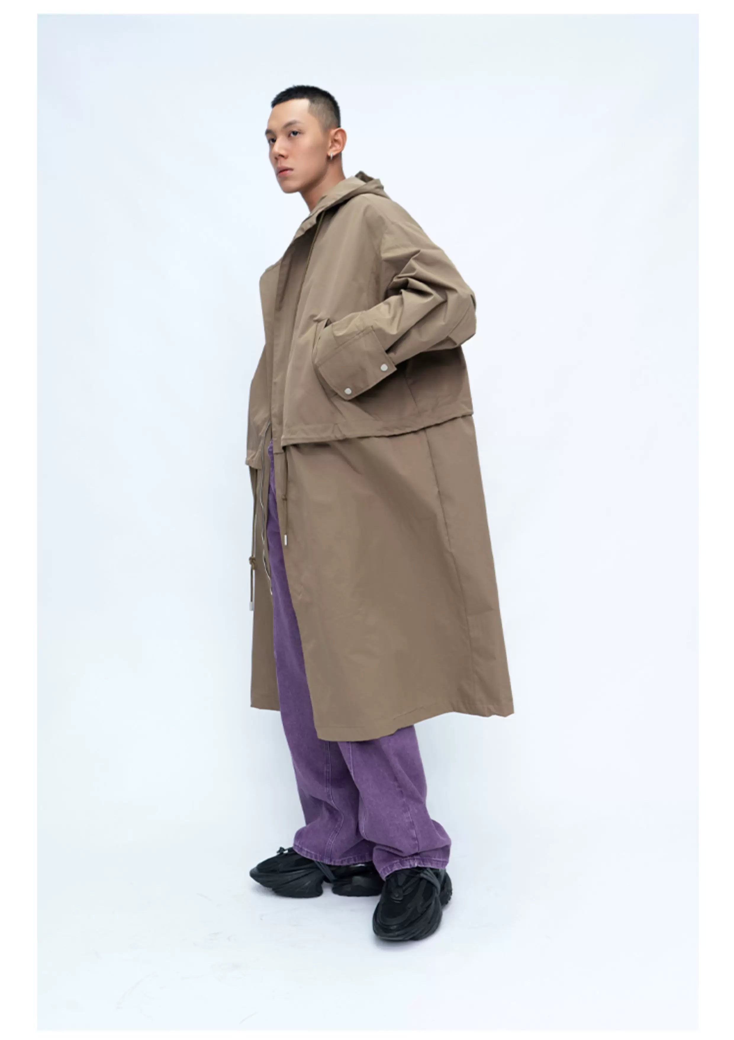 Hooded Long Water-resistant Waist-cinched Trench Coat