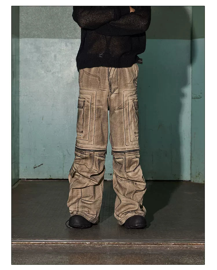 Distressed Drawstring Flare Cargo Pants