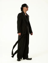 Black Wool Ribbon Pleated Waist-Tailored Blazer