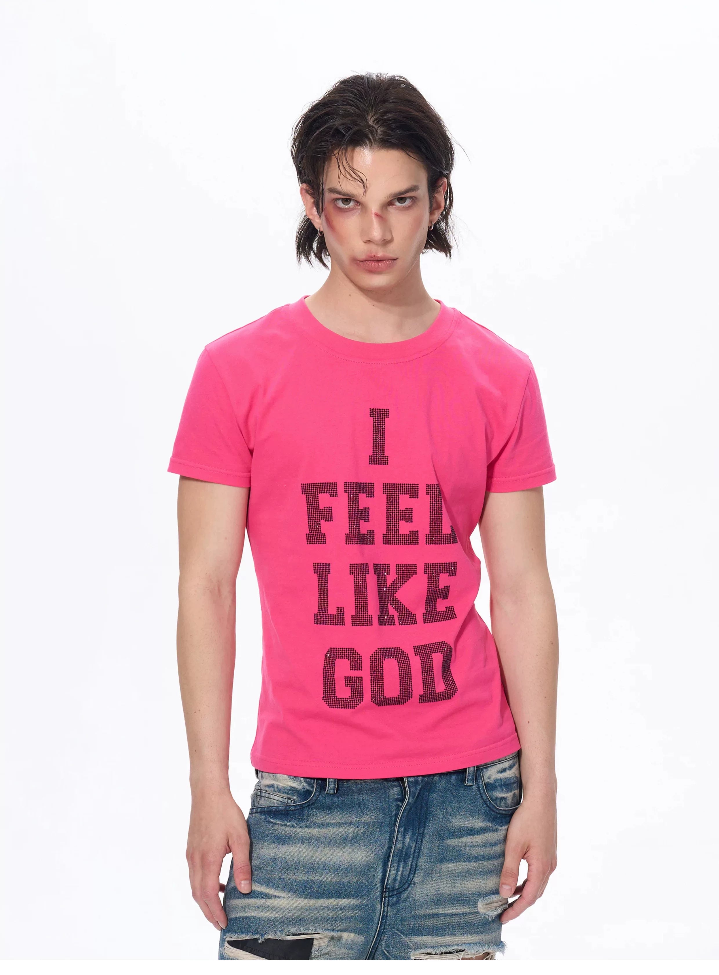 Men's Rhinestone Letter Crew Neck Tees