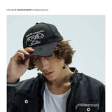 Long Brim Red Embroidered Distressed Cap