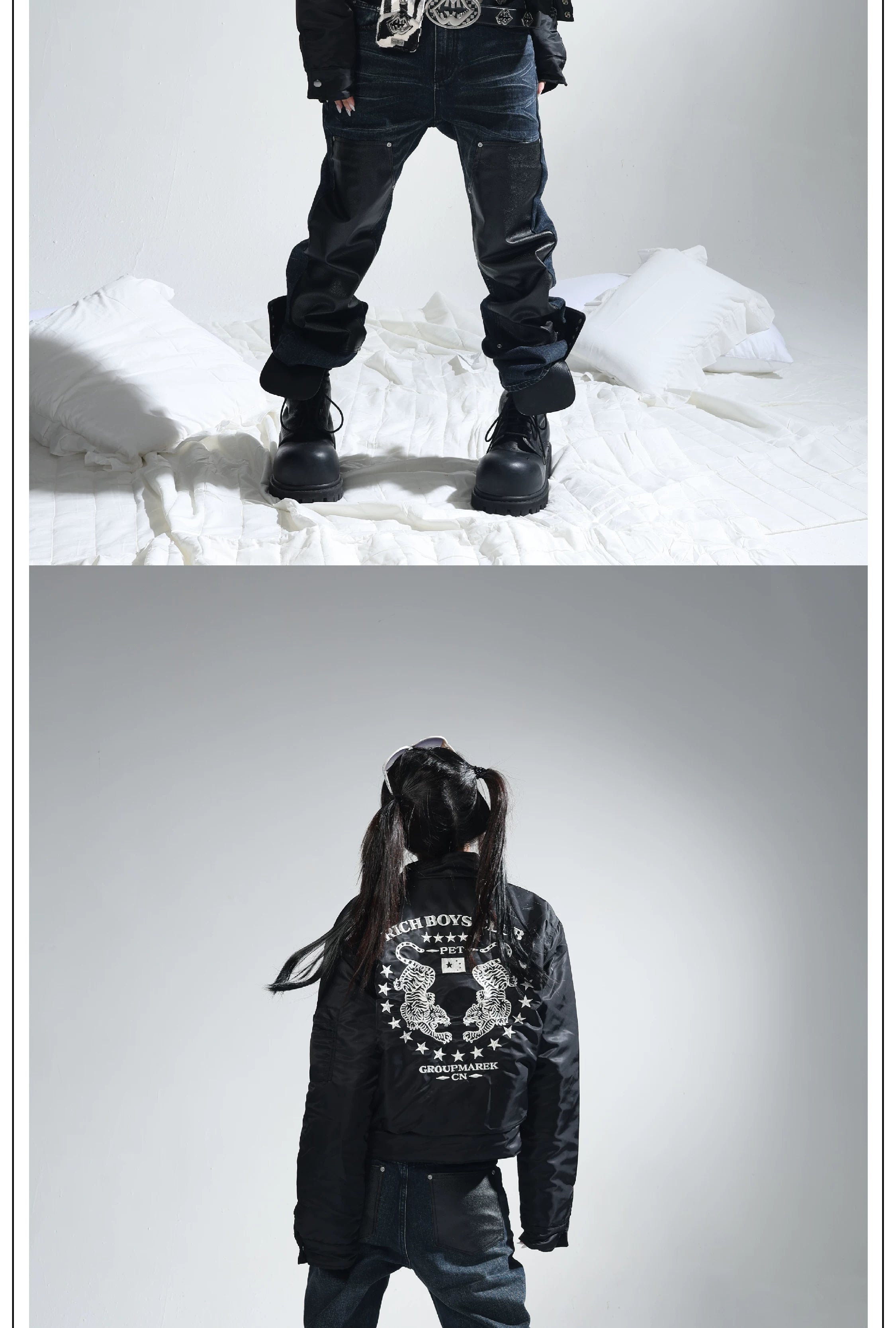 Dark Blue Whiskered Leather Straight-Leg Jeans