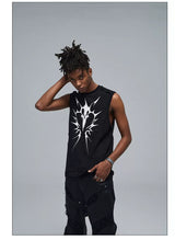 Stretchy Black Printed Ribbed Tank Top