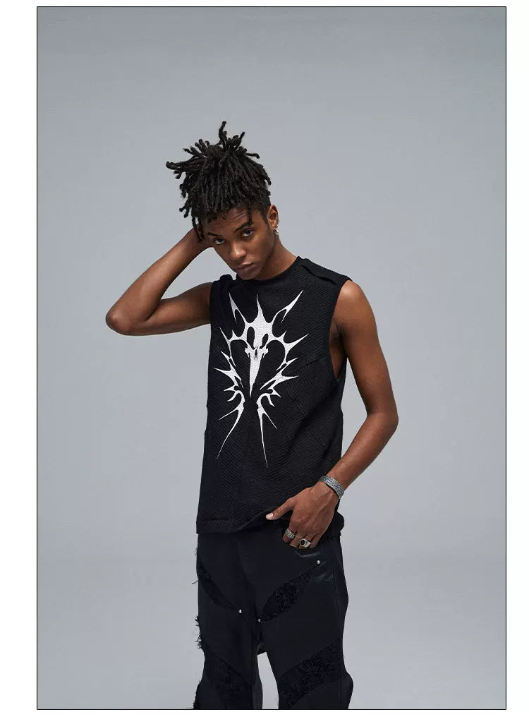 Stretchy Black Printed Ribbed Tank Top