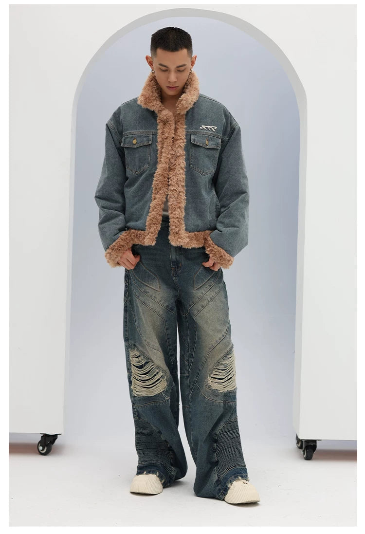 Unisex Vintage Faux Shearling Denim Puffer
