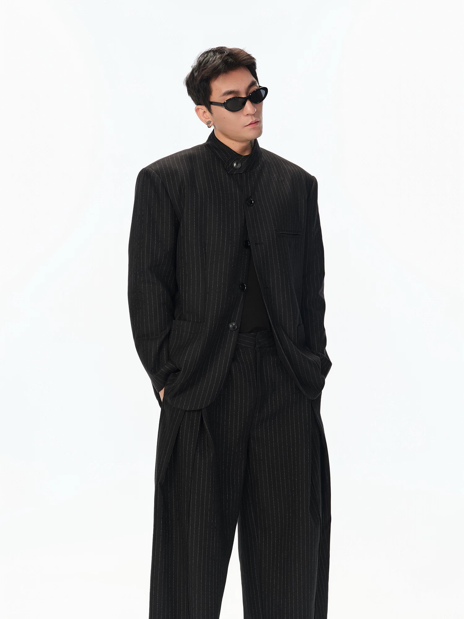 Black Striped Wool Stand Collar Blazer