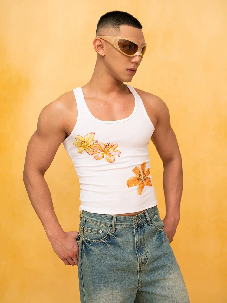 Blue White Floral Slim Crop Tank