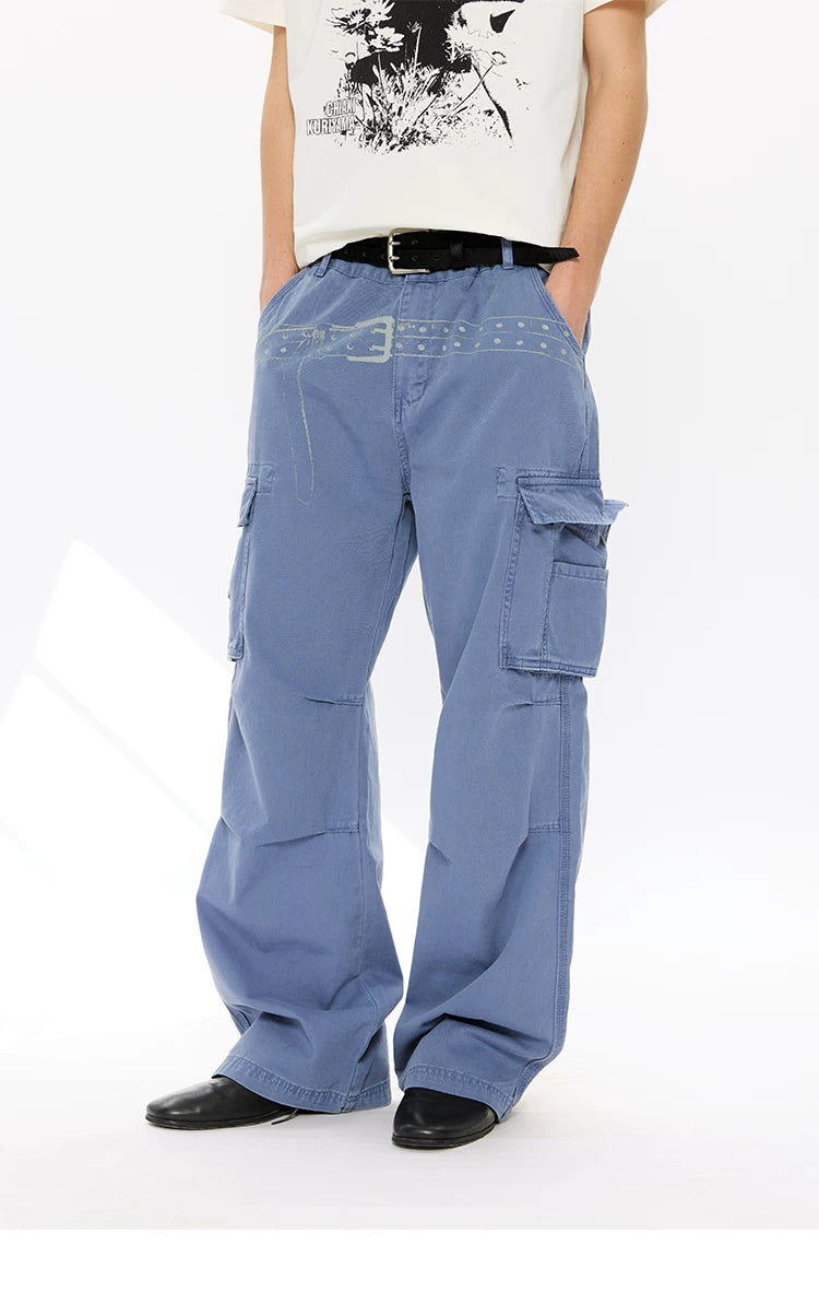 Washed Printed French Blue Cargo Pants