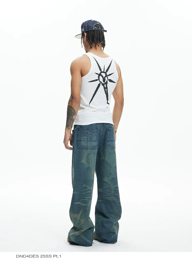 Vintage Washed Distressed Slub Flare Jeans