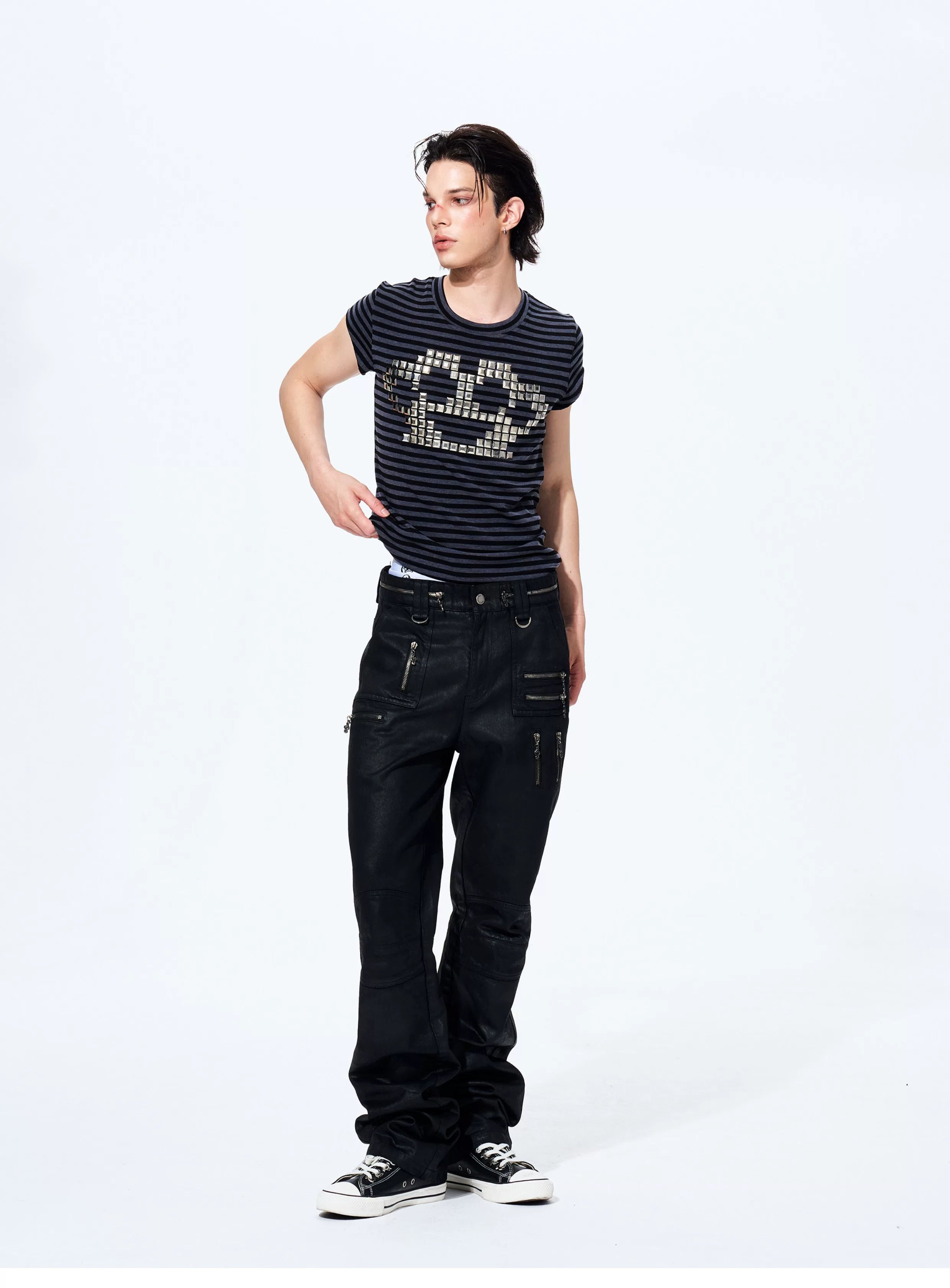 Men's Metallic Zip Waxed Straight Jeans