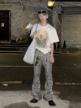 Rugged Distressed Camo Flare Cargo Pants