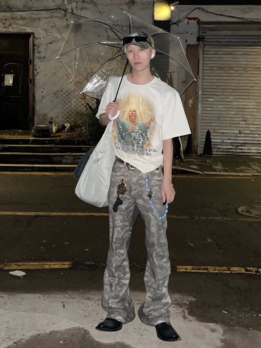 Rugged Distressed Camo Flare Cargo Pants