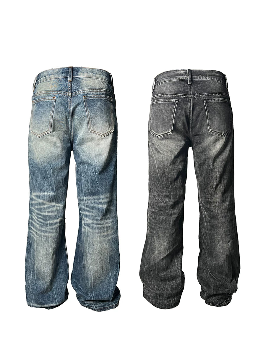 Heavy Wash Lightning Crack Flare Jeans