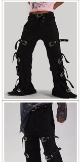 Lace-Up Metal Buckle Pants