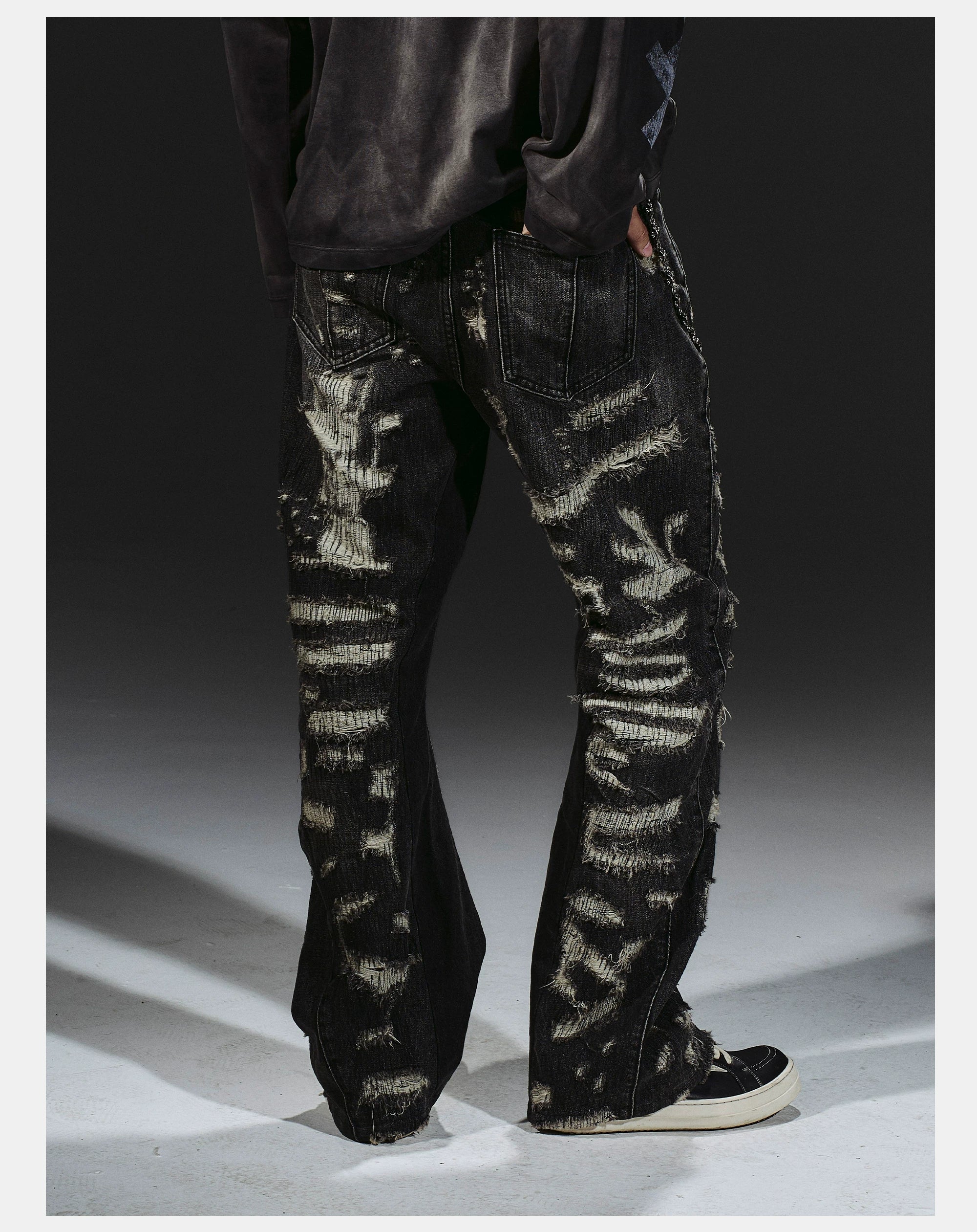 Heavyweight Distressed Embroidered Patchwork Flared Jeans
