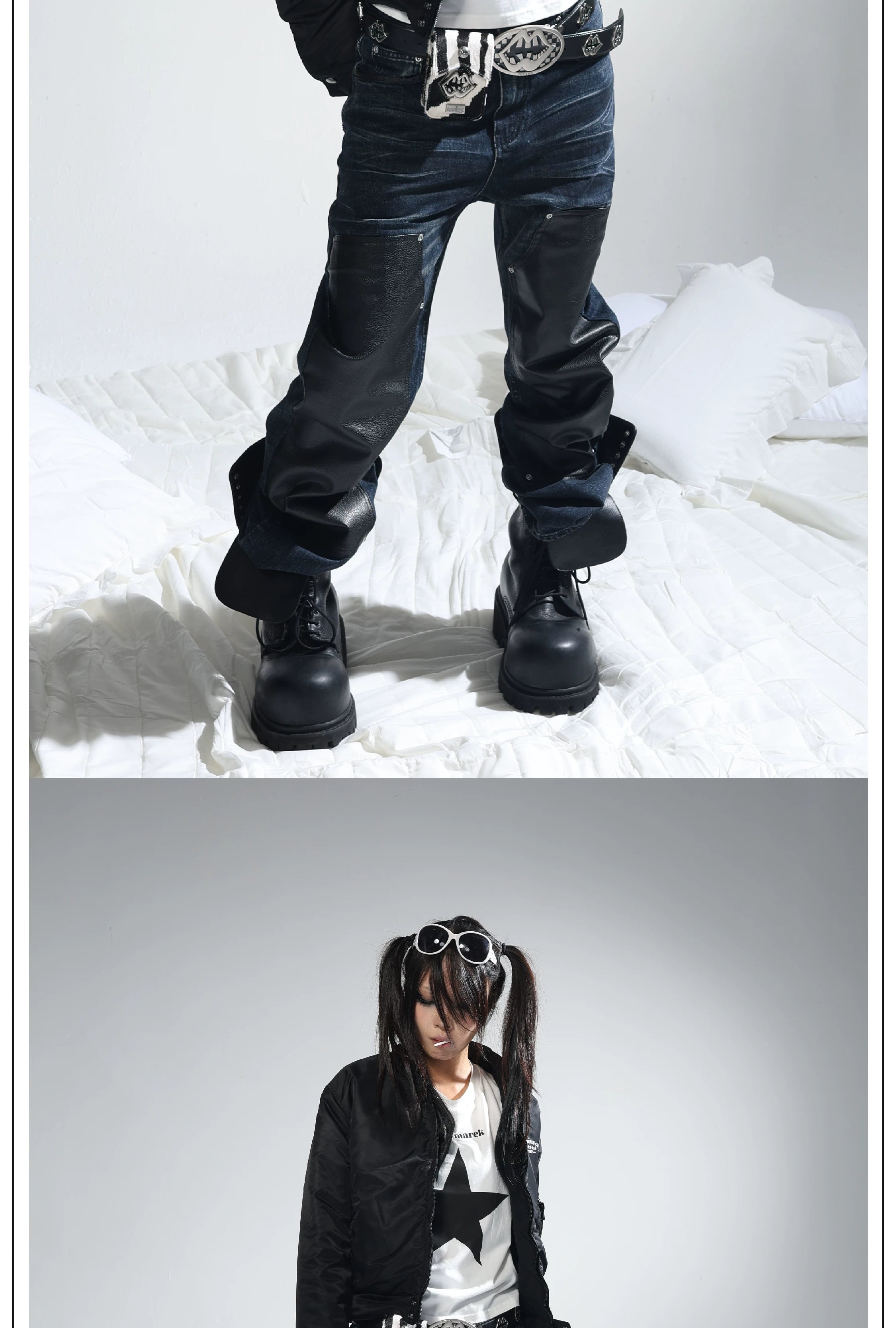 Dark Blue Whiskered Leather Straight-Leg Jeans
