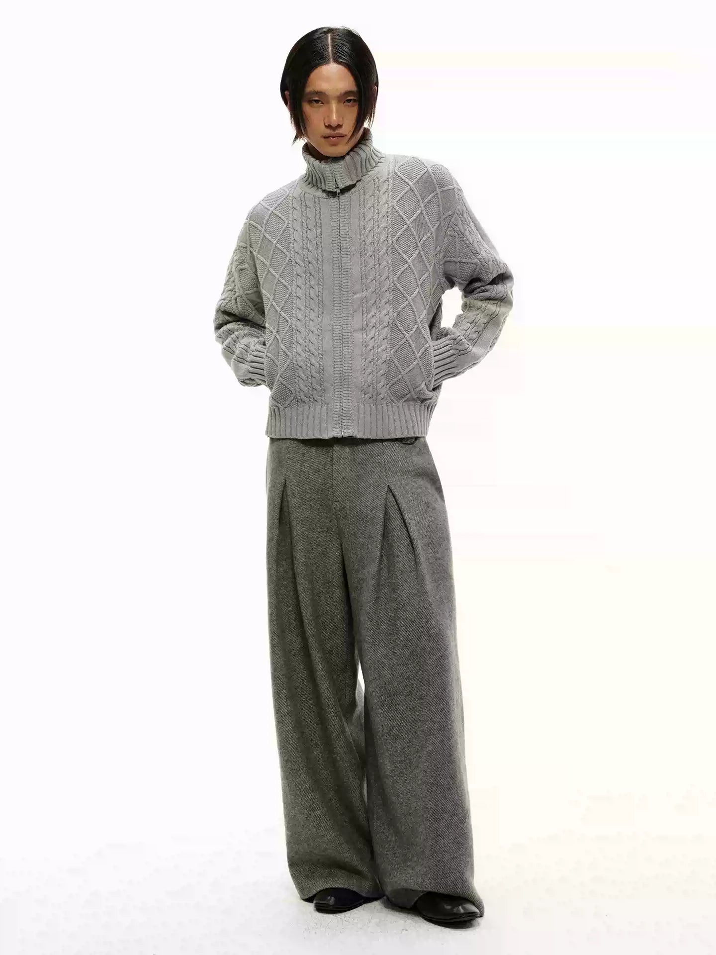Pleated Wide Leg Wool Blend Pants
