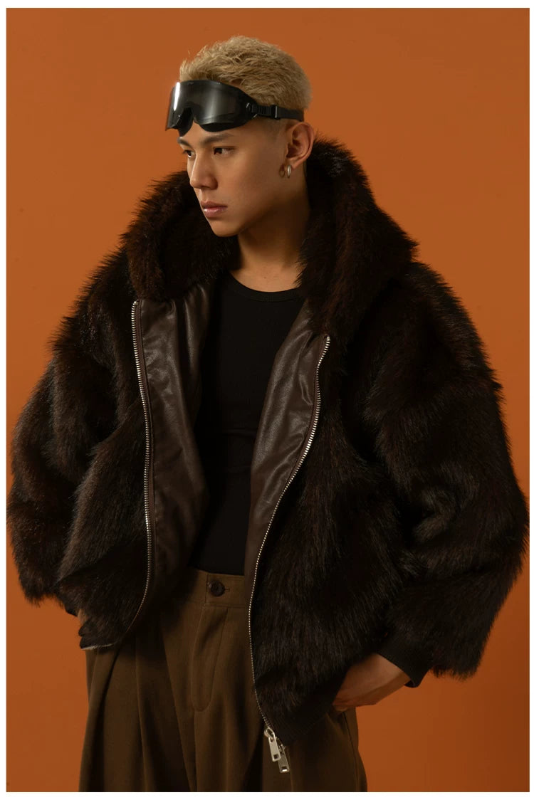 Black Red Hooded Faux Fur Coat