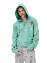 Distressed Embroidered V-Neck Cropped Wide Hoodie