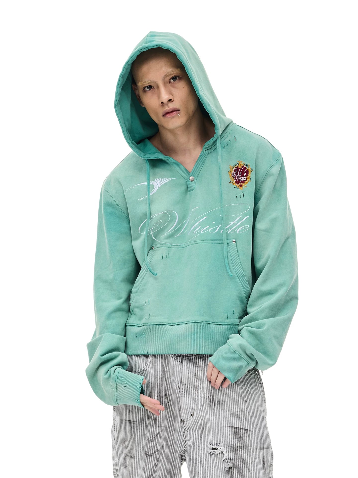 Distressed Embroidered V-Neck Cropped Wide Hoodie