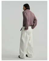 Pleated Distressed White Baggy Denim Jeans