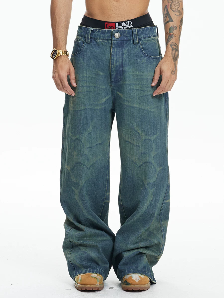 Vintage Washed Distressed Slub Flare Jeans