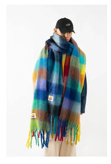 Fringed Rainbow Plaid Faux Cashmere Scarf