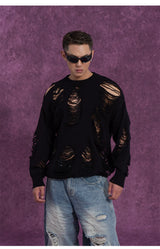 Black White Ripped Cutout Knit Sweater