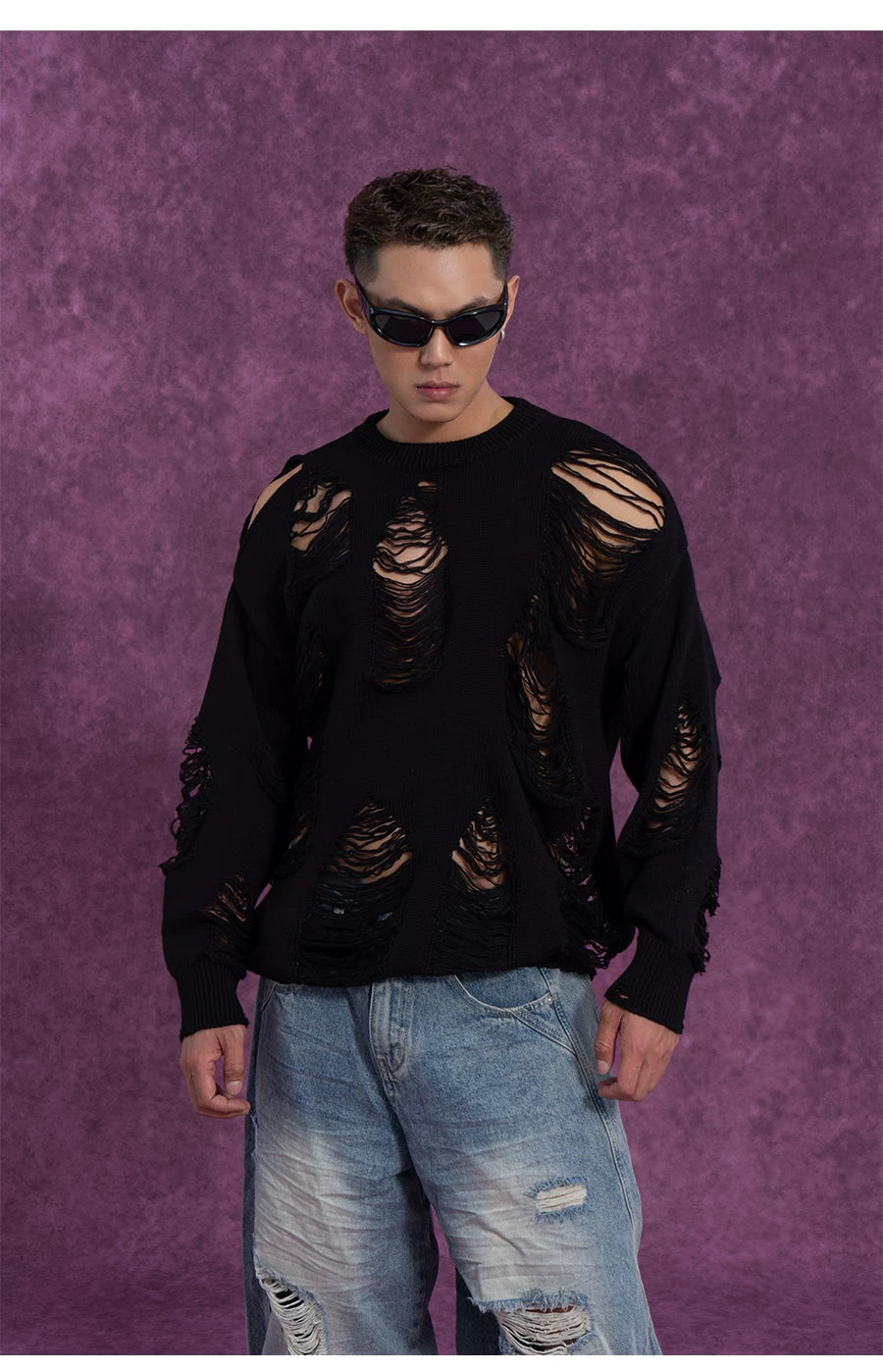 Black White Ripped Cutout Knit Sweater
