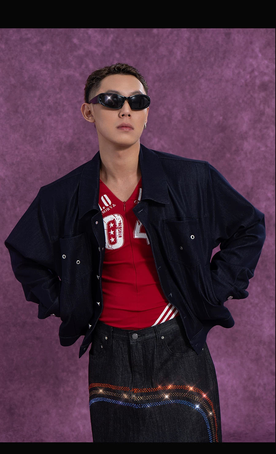 Men's Navy Padded Cropped Denim Jacket