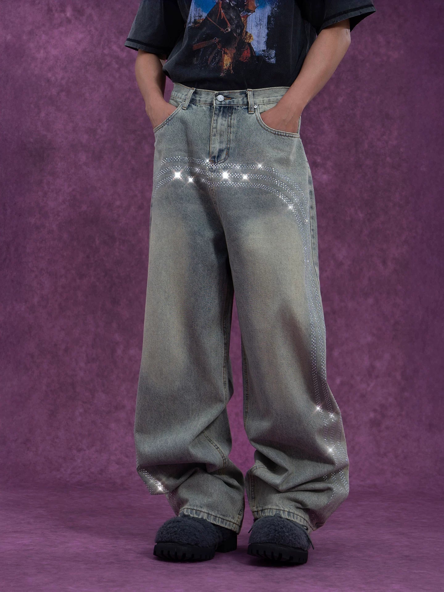 Men's Vintage Light Blue Sequined Jeans