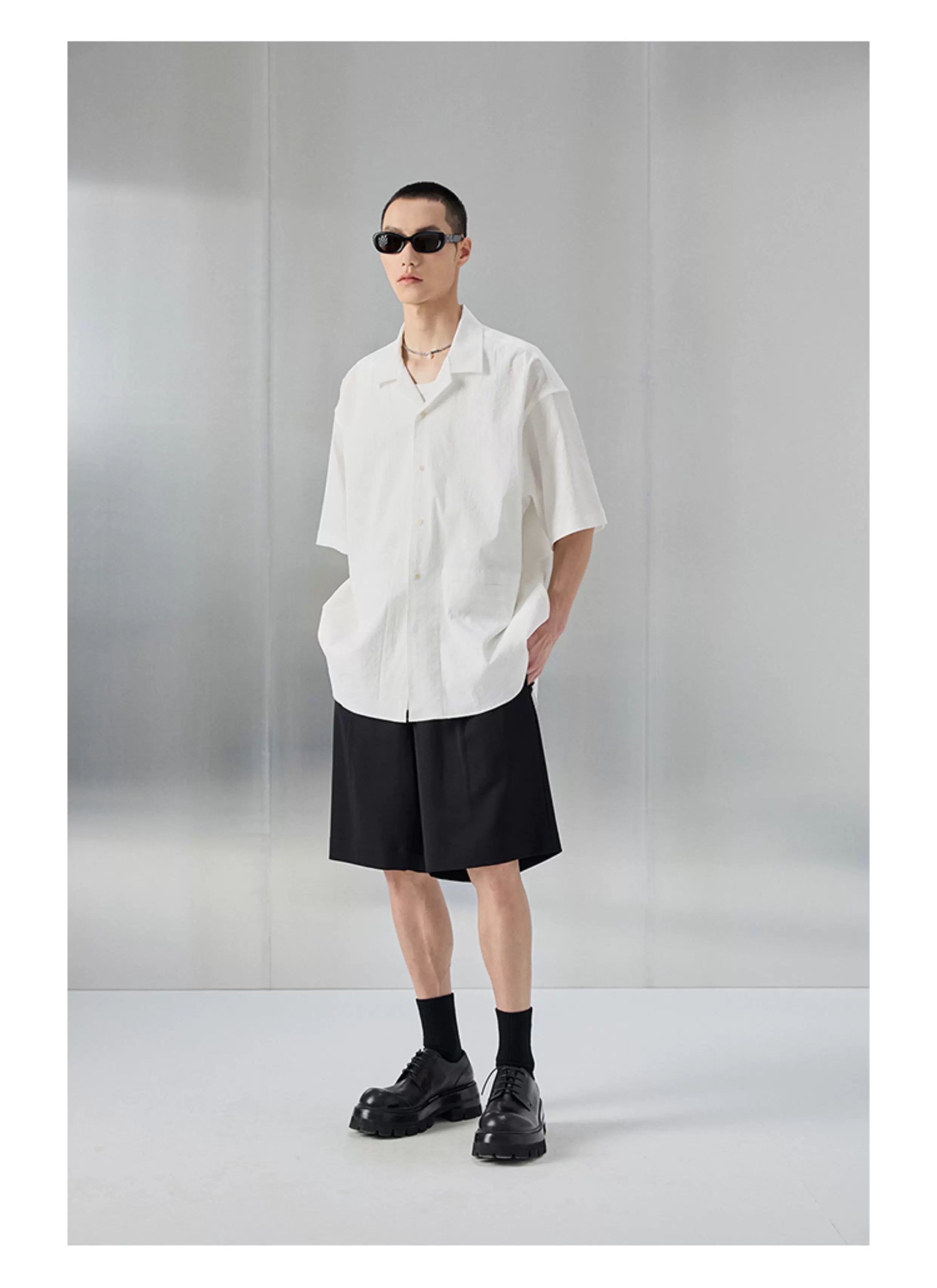 Bark Textured Cuban Collar Casual Shirt