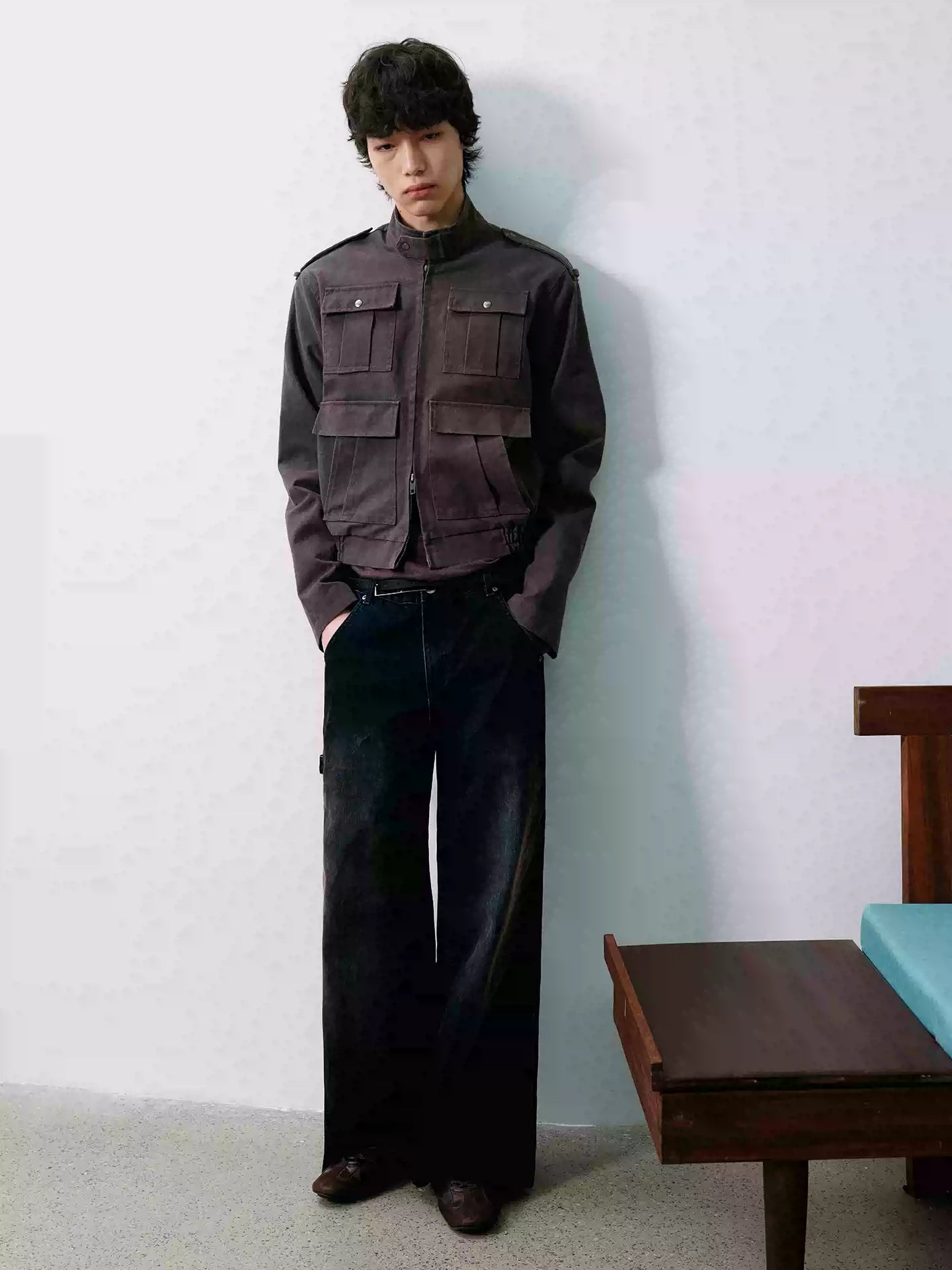 Frost Purple Washed-Brushed Multi-pocket Work Jacket