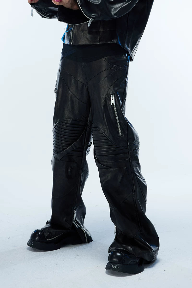 Men's Two-Tone Distressed Straight Leather Pants