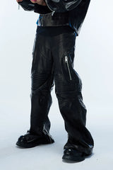 Men's Two-Tone Distressed Straight Leather Pants