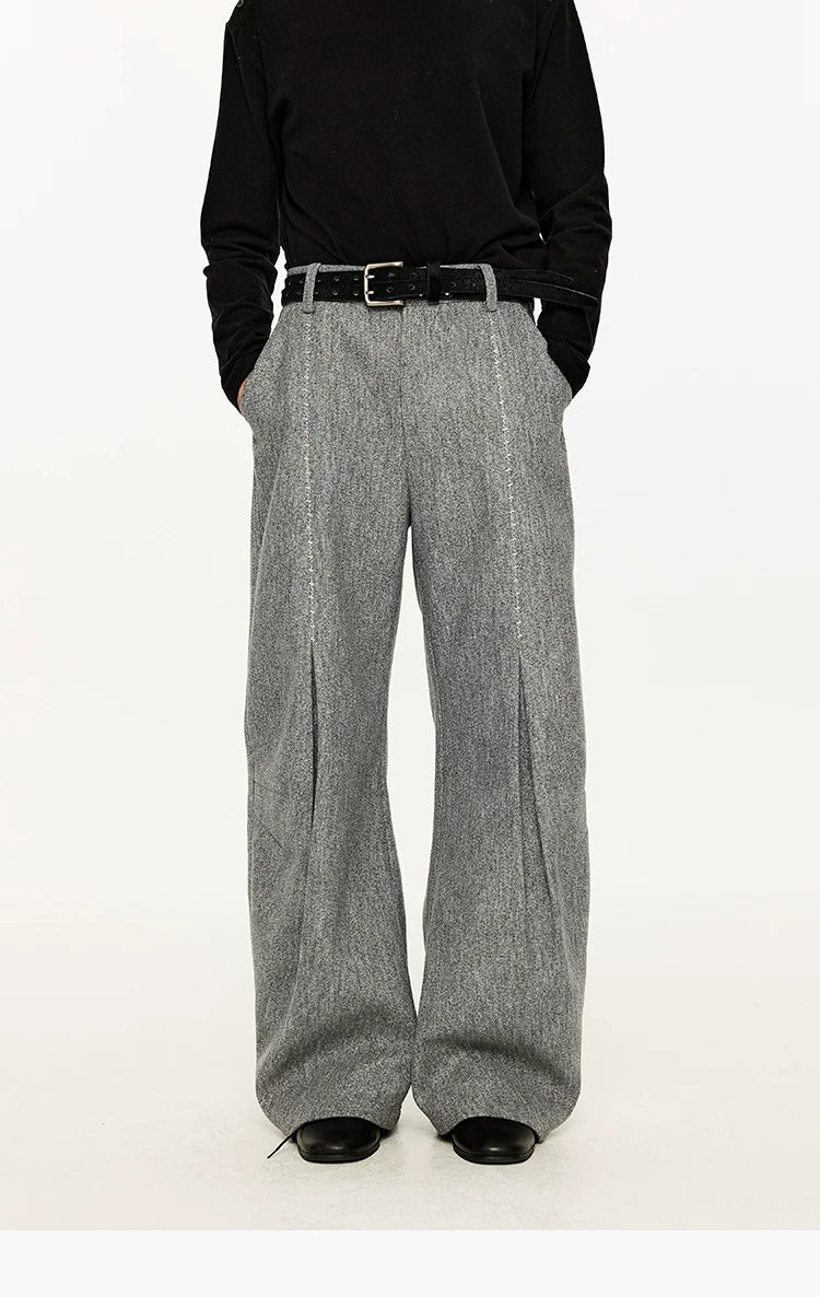 Men's Embroidered Curved Pleated Woolen Pants