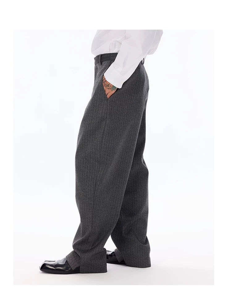 Grey Pinstripe Wool Blend Trousers