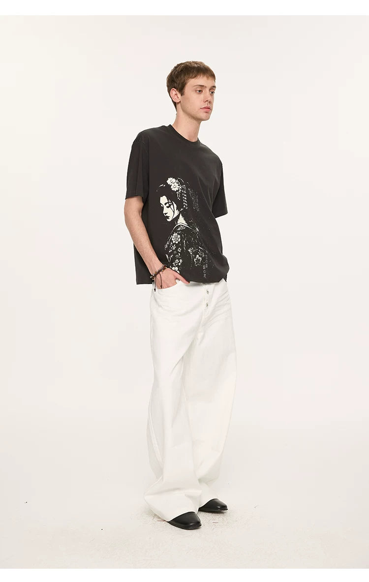 Geisha Print Casual Boxy Tee