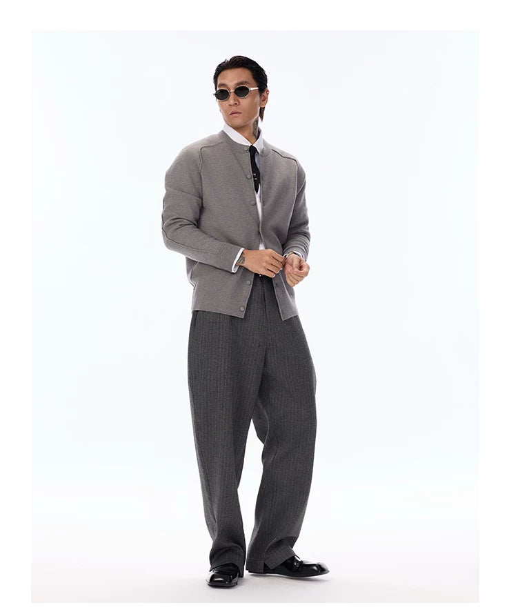 Grey Pinstripe Wool Blend Trousers