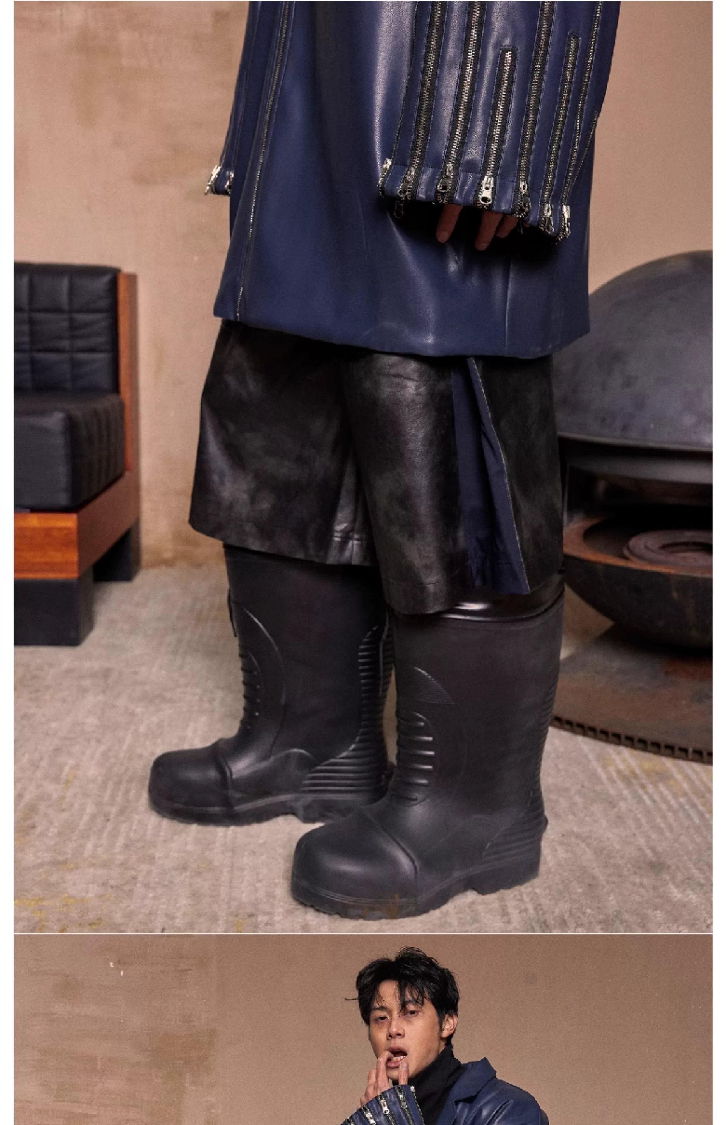 Navy Oversized Multi-Zipper Punk Leather Coat