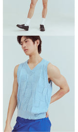 Blue Checkered Lace V-neck Cashmere Vest