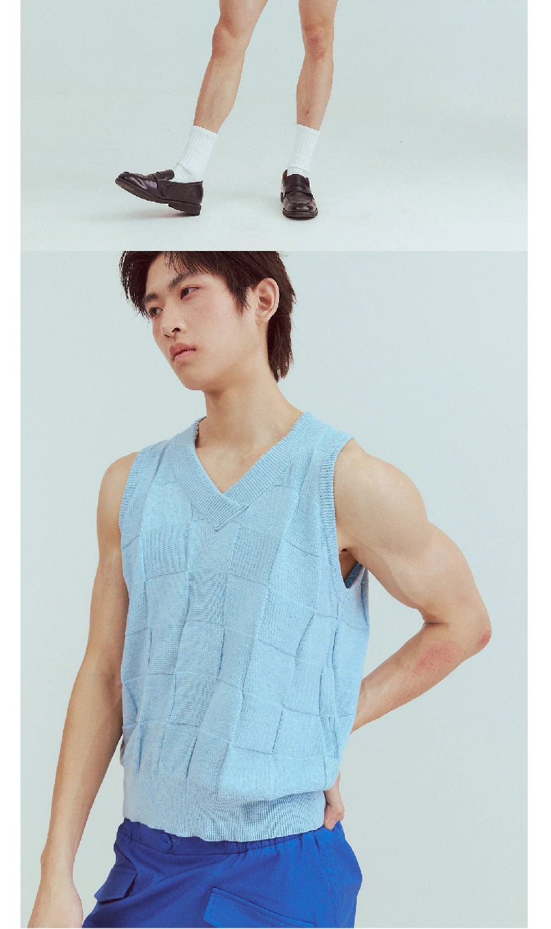 Blue Checkered Lace V-neck Cashmere Vest