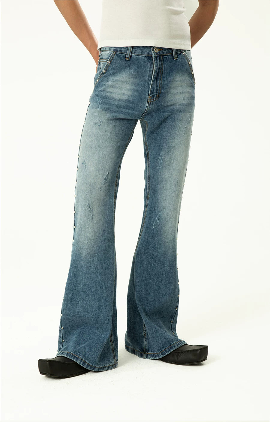 Men's Blue Black Rivet Flare Jeans