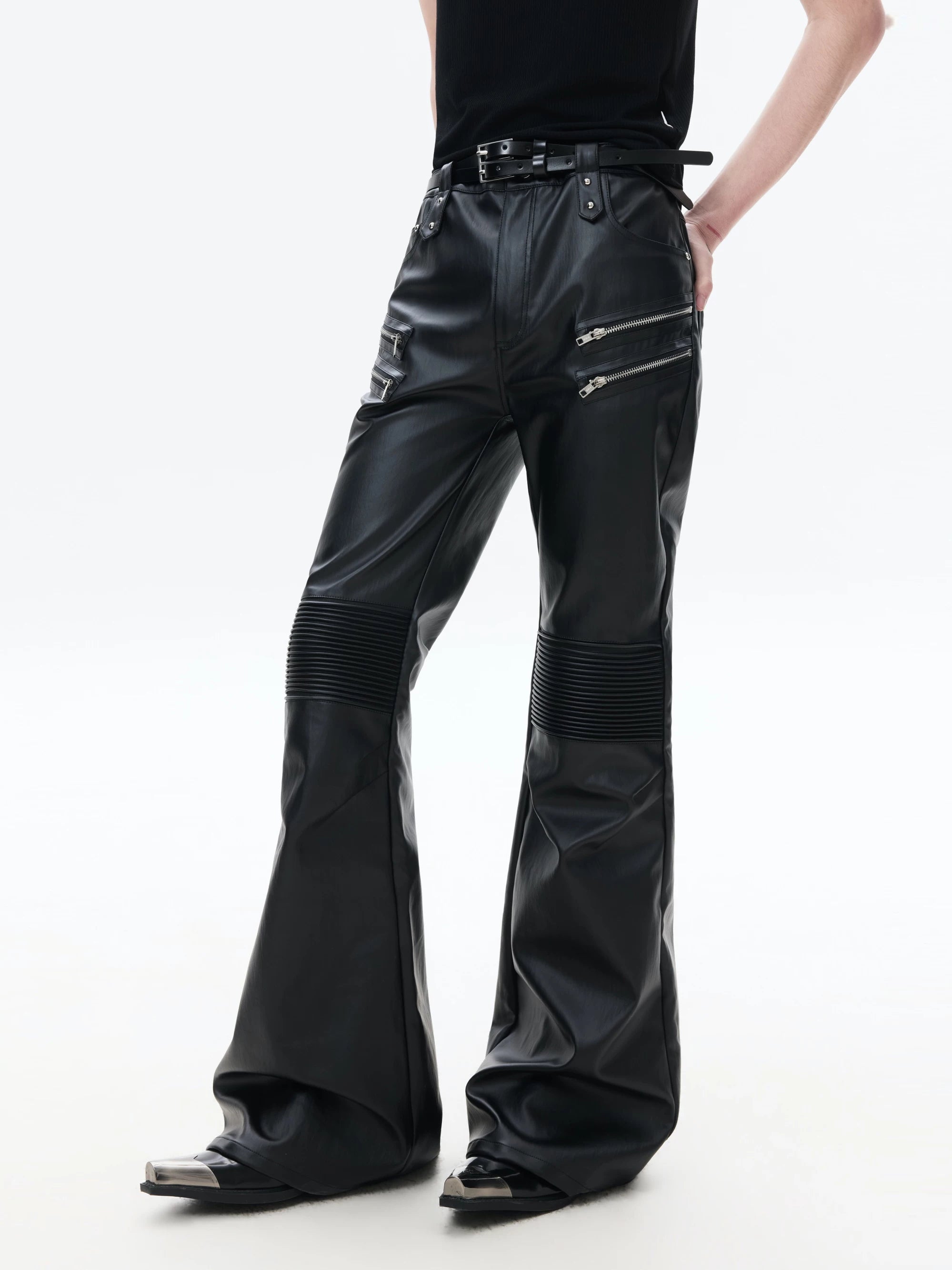 Black Zipped Coated Flared Leather Pants