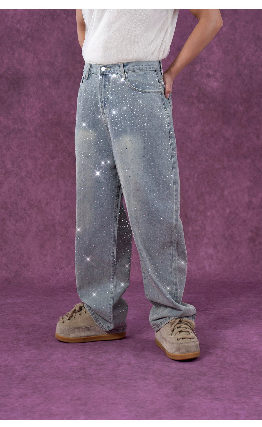 Men's Light Blue Sequined Baggy Jeans