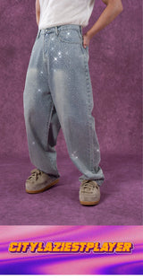 Men's Light Blue Sequined Baggy Jeans